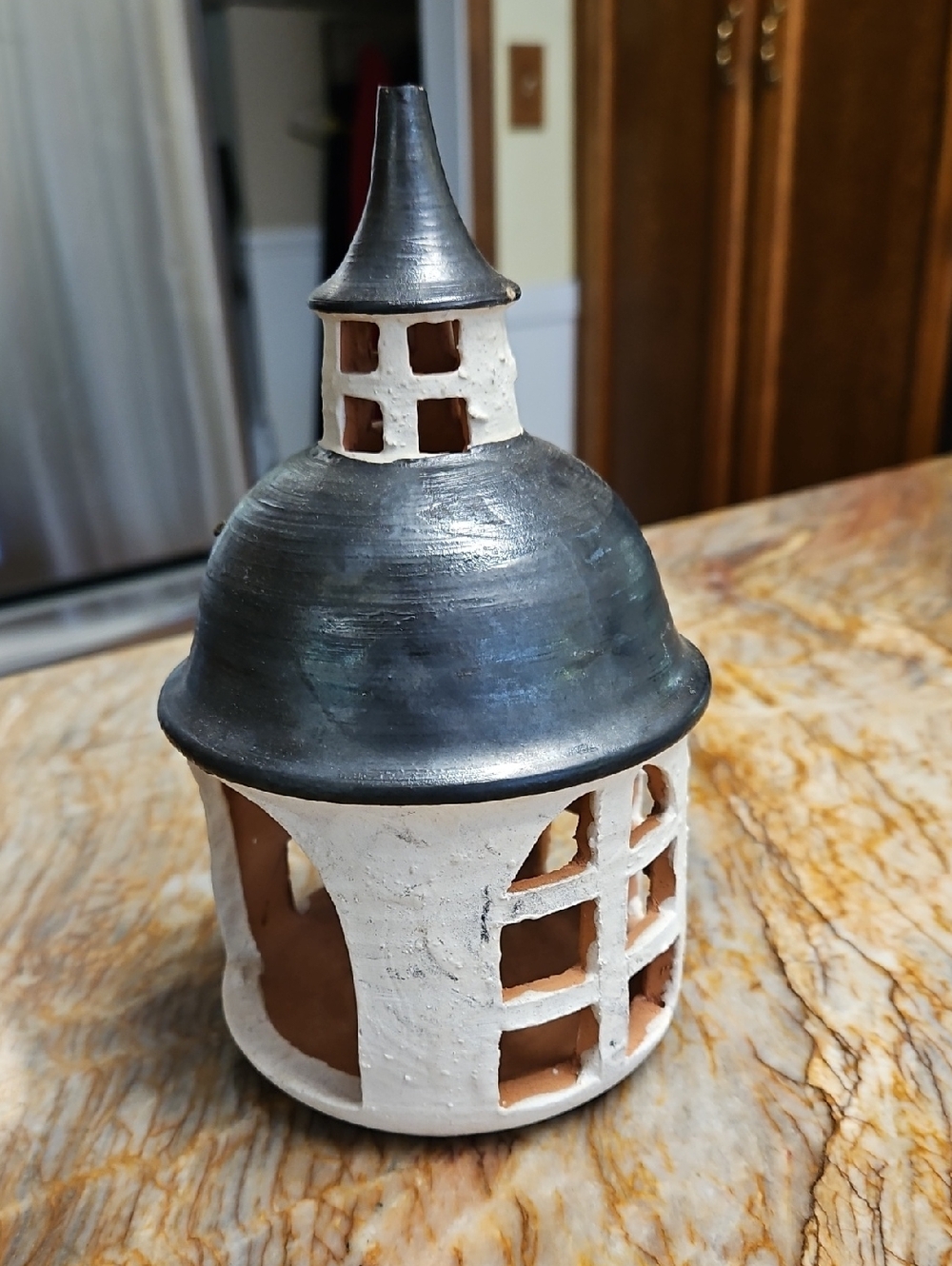 Terra Cotta Black/white Church Tea Light Holder